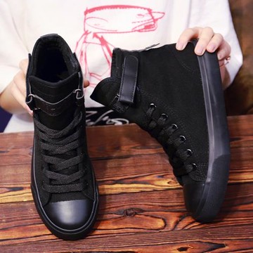 2022春款帆布鞋女魔術貼全黑色工裝鞋韓版百搭軟底休閑高幫布鞋