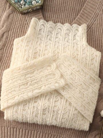 半高領磨毛蕾絲打底衫女秋冬新款洋氣加絨內搭小衫高級感網紗上衣【淘夢屋】