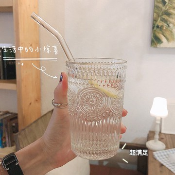 ins網紅北歐復古浮雕金邊玻璃杯太陽花水杯奶茶店果汁杯冷飲杯子