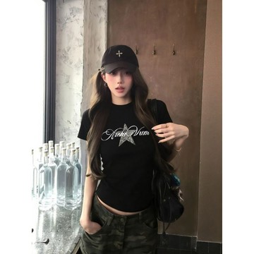 【WYZ】棉質夏季新款美式設計感辣妹豹紋星星黑色短袖T恤顯瘦修身上衣女