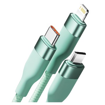 biaze 畢亞茲 三合一 100W 快充 傳輸線 Type-C/5A Lightning/2A Micro/2A USB輸入 1.2米  2m  編織款 綠色  1條