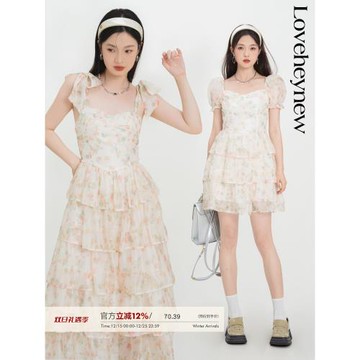 LOVEHEYNEW蝴蝶結碎花連衣裙女春夏季設計感顯瘦蛋糕裙仙女裙子