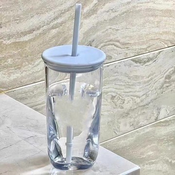 ✨可開發票#2023新款三角玻璃吸管盃簡約盃蓋透明小清新水盃禮品盃#免運