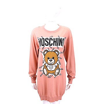 MOSCHINO 別針泰迪熊印花粉色長版羊毛衫