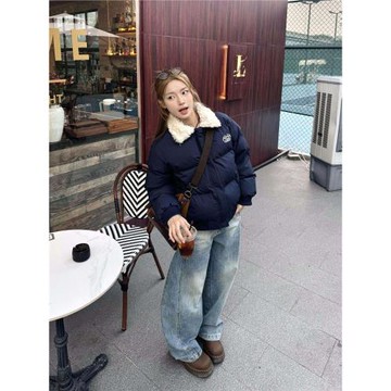 XFX 美式復古寬松保暖加厚羊羔毛領棉服女秋冬休閑拉鏈外套上衣潮