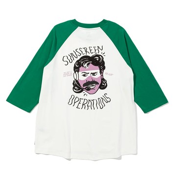 日本限定 POLER SUNSCREEN RAGLAN TEE 防曬油圖案趣味撞色七分袖 / 綠色