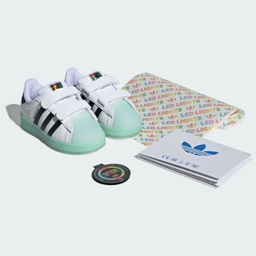 ADIDAS ORIGINALS 愛迪達 阿迪達斯 三葉草 發光鞋 燈鞋 中大童休閒鞋-白黑綠 SUPERSTAR LED LIGHTS CF C-IG7004