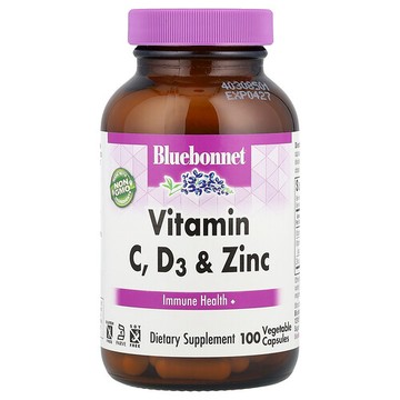 Bluebonnet Nutrition, 維生素 C、D3 和鋅，100 粒素食膠囊