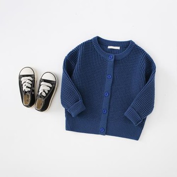 ins日系秋冬款男童女童兒童寶寶純棉厚款深藍色毛衣針織開衫外套