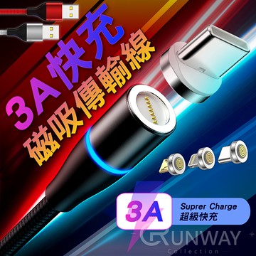 360度環狀 磁吸充電線 傳輸線 3A快充 手機充電線 免拔插 提速60% 蘋果/安卓/TypeC 1M