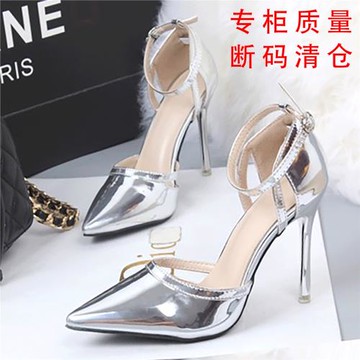 韓版銀色性感尖頭淺口高跟鞋女春一字扣帶細跟婚鞋鏤空單鞋女鞋