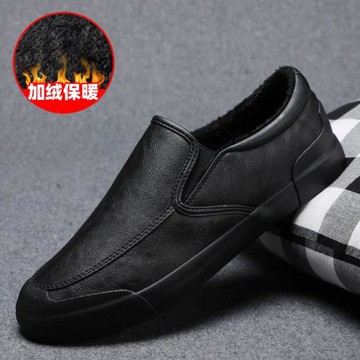 冬季新款男鞋加絨保暖棉鞋男士樂福鞋休閑皮鞋韓版百搭一腳蹬板鞋