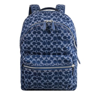 COACH CAJ71 滿版緹花LOGO牛仔布雙層拉鍊商旅後背包.深藍
