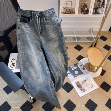 潮牌歐貨高腰闊腿牛仔褲女2024年秋季新款復古寬松拖地直筒褲潮