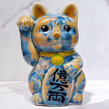 【青華億祥】日本清水燒招財貓 | 花結晶 灰青 体花 億万両 特大