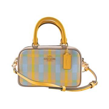 COACH 亮黃撞色格紋帆布拼接素面皮革手提/斜背迷你小包