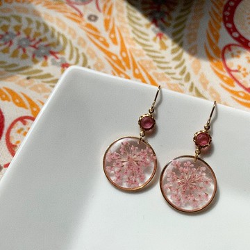 真花粉色蕾絲花配微鑲鋯石長耳環 18K包金耳鈎 (可轉耳夾)