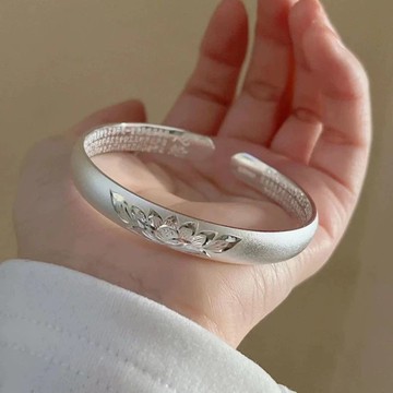古法啞光銀手鐲女999蓮花足銀鐲子龍鳳送媽媽婆婆奶奶實心長輩