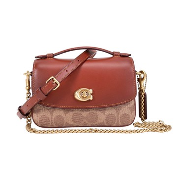 COACH專櫃款 CASSIE 17 經典 SIGNATURE 拼接皮革帆布斜背包(鞣革褐色)