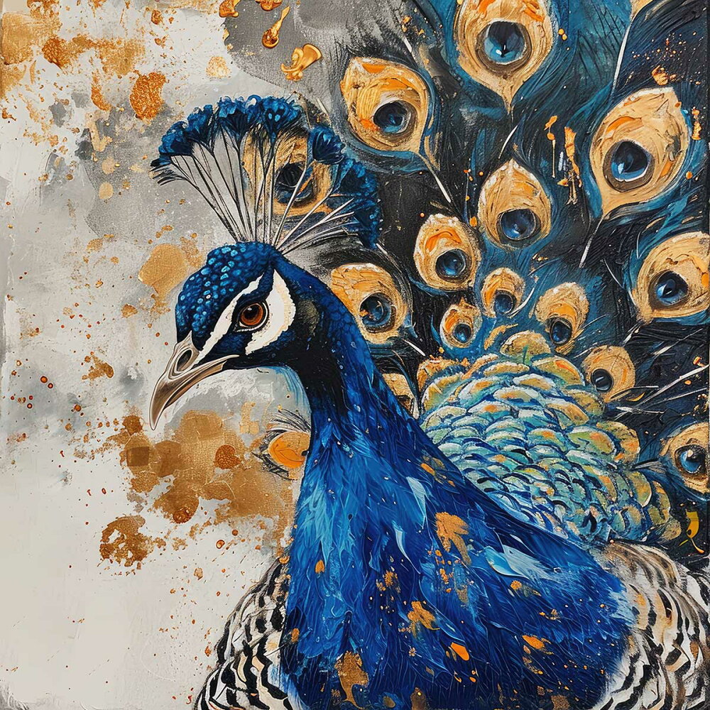 縁起物 孔雀 クジャク 正方形ポスター 豪華 絵画風 掛け軸風 浮世絵 金