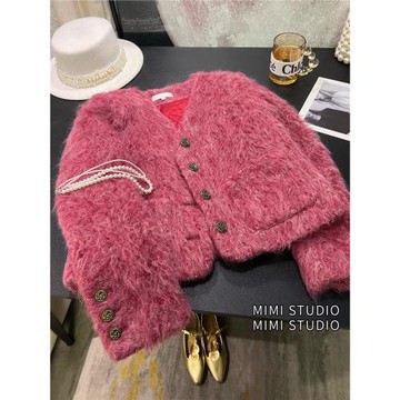 玫紅色毛絨夾棉外套女法式小眾2025秋冬V領短款加厚小香風上衣潮