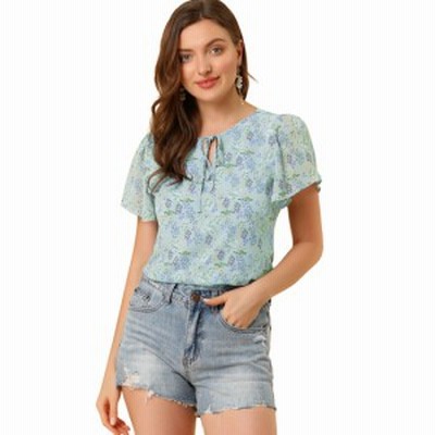 Allegra K 花柄 ボウタイブラウス トップス Vネック フラッタースリーブ エレガン レディース ダスティブルー Xs 通販 Lineポイント最大get Lineショッピング