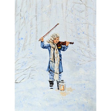 冬季森林中拉小提琴的小女孩 由 RinaArtSK 創作的布面原創畫作