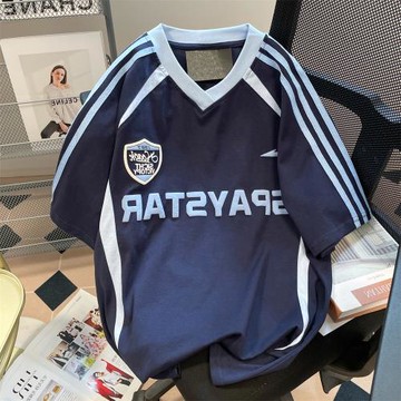 超好看美式學院風拼色條紋v領短袖T恤男女夏情侶潮牌重磅運動上衣