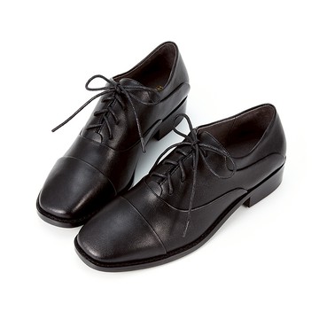率性全真皮拼接方頭牛津鞋 黑色