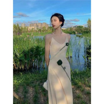 法式復古驚艷禮服超仙度假長裙小香風氣質山茶花露背吊帶連衣裙子
