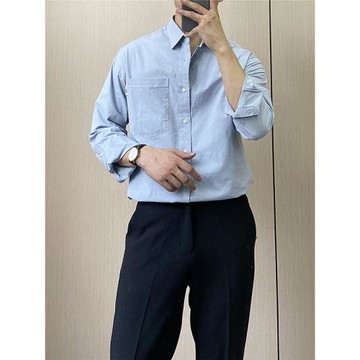 春秋簡約韓風男士純棉休閑寬松白襯衫輕熟商務職業工作純色寸衫男