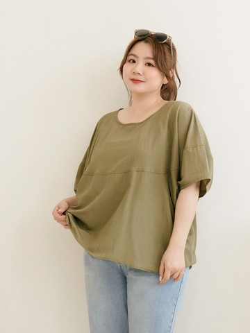 不易皺純色立體泡泡袖圓領上衣