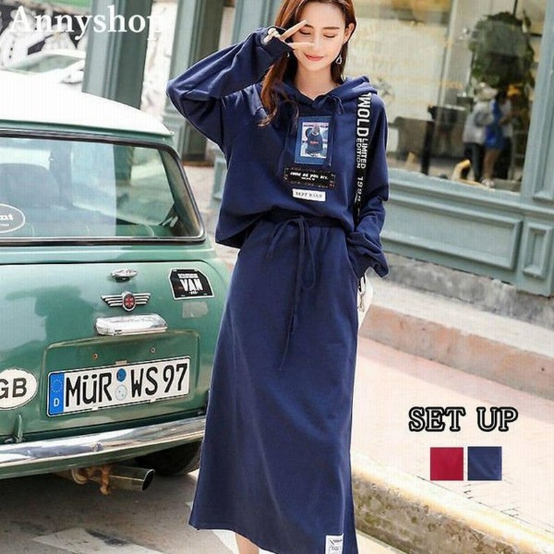 パーカー セットアップ スカート レディース フード 上下セット タイトスカート 長袖パーカー ウエストゴム プリント カジュアル 部屋着 秋冬新作 通販 Lineポイント最大get Lineショッピング