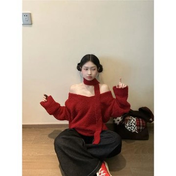 紅色圣誕氛圍感一字肩v領長袖毛衣女秋冬小個子寬松慵懶針織上衣
