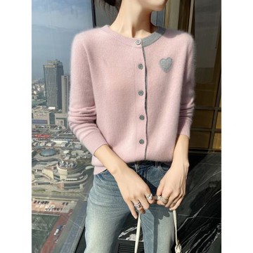 氣質百搭山羊絨開衫毛衣女外搭圓領愛心減齡長袖上衣春秋針織外套