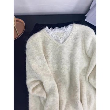 韓系奶杏色蕾絲拼接V領針織衫毛衣女2025秋冬新款高級感寬松上衣