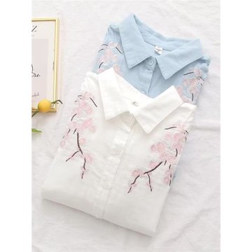 2025秋裝雙層棉紗長袖襯衫女寬松百搭文藝刺繡花朵純棉柔軟襯衣新
