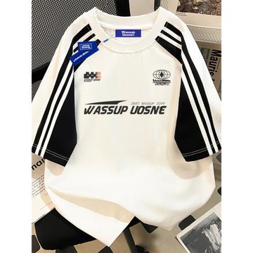 WASSUP美式復古三條杠撞色短袖T恤男夏2025新款寬松oversize上衣