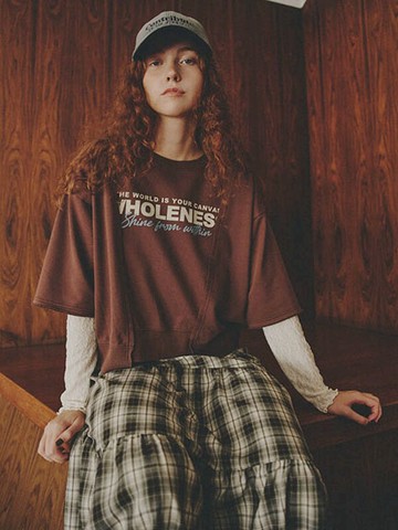 復古感英文印花下襬特色剪裁T恤(0F001115810) - ehka sopo