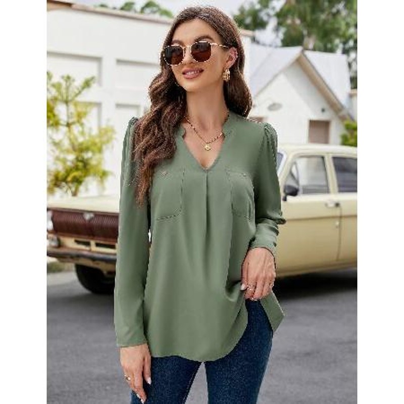 MISSKY Women's Long Sleeve Blouses V Neck Pleated Chiffon Tunic ...