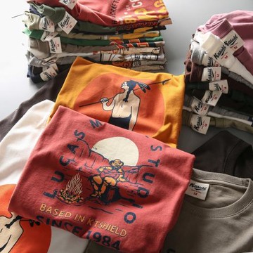 夏季 舒適純棉磨毛短袖T恤男士日系復古休閑創意印花半袖可情侶潮