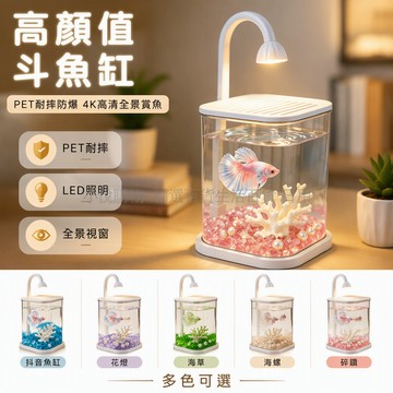 台灣出貨 斗魚生態缸 弧形燈桿照明 冰晶石碎鑽造景 帶蓋底座海草海螺 書桌辦公擺設 透明小型水族箱 二合一裝飾燈具