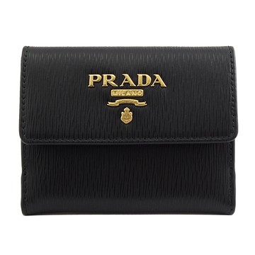 PRADA 1MH350 浮雕LOGO水波紋扣式簡易卡片短夾.黑