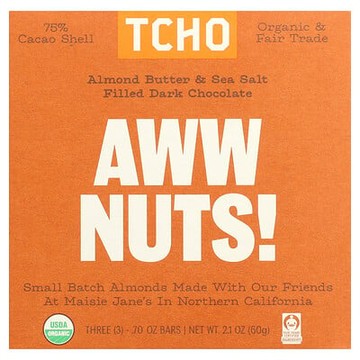 TCHO, Aww Nuts!，杏仁醬和海鹽夾心黑巧克力，75% 可可，3 條，每條 0.70 盎司