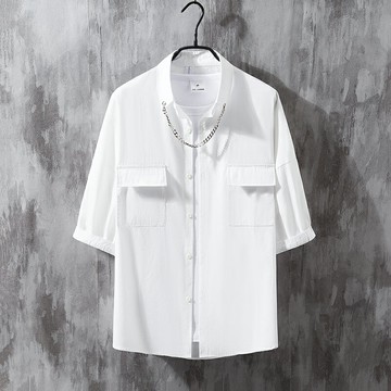 白色七分袖襯衫男夏ins潮牌高級感痞帥港風日系半袖工裝襯衣外套