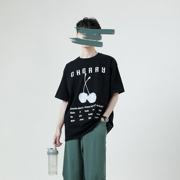 Cherry印花短袖上衣 / 黑 /