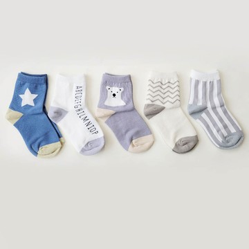 韓國連線 - (五入組)韓製兒童中筒襪-大星星北極熊-灰X藍