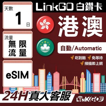 LINKGO白鑽卡 港澳 eSIM卡 1天上網卡 吃到飽不降速 無限流量高速穩定(港澳網卡 香港 澳門 虛擬卡)