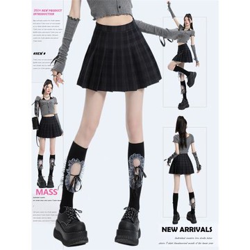 MASS 藏青色百褶半身裙女秋冬新款jk格子短裙防走光a字半裙學院風