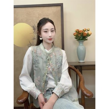 新中式國風馬甲女2025春夏新款W時尚寬松小衫顯瘦刺繡無袖上衣女